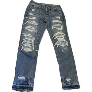 American Eagle Womens Tomgirl Jeans Size 2R Mid Rise Distressed Buttons Blue NWT